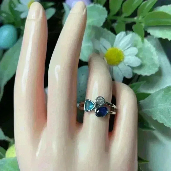 New Sterling Silver Blue Sapphire Aquamarine Diamond Ring - Picture 4 of 7